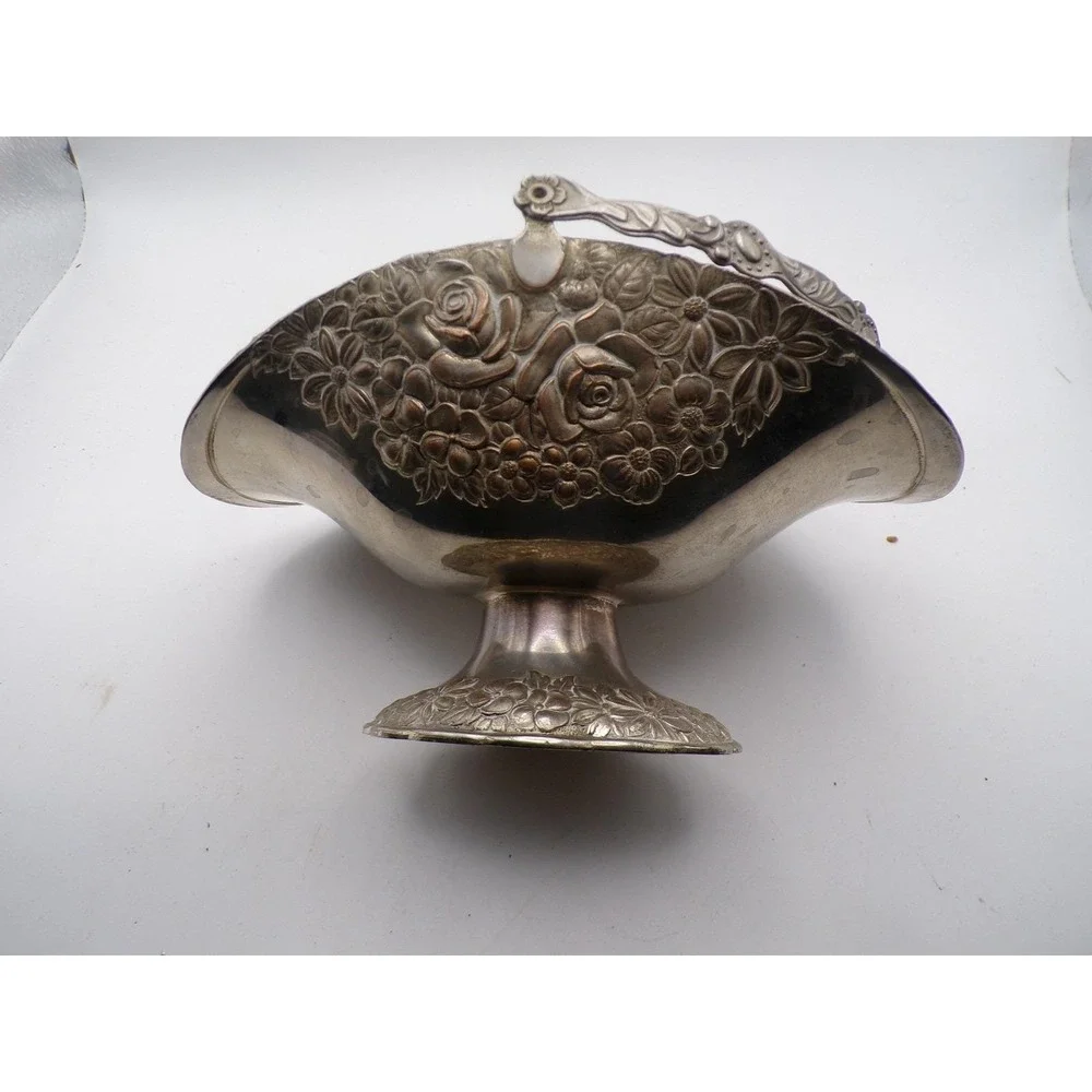 Vintage Ornate Silver‎ Plated Basket with Handle Floral Design Home Decor